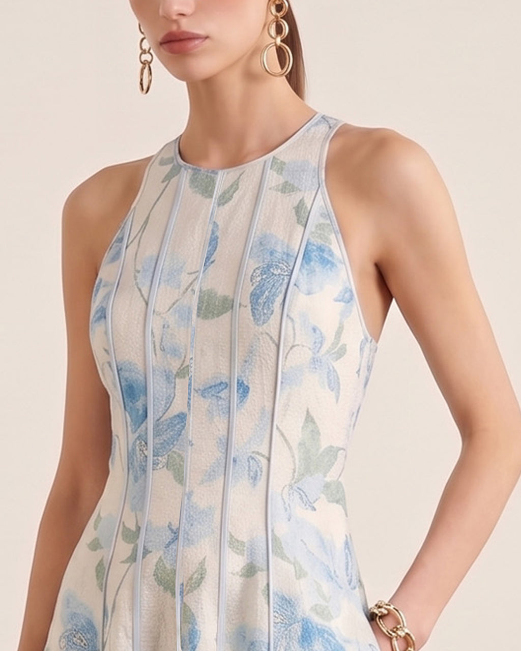 Lyocell Linen Floral Print Vintage Midi Dress