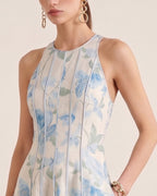 Lyocell Linen Floral Print Vintage Midi Dress