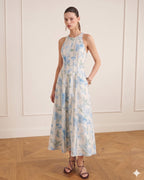 Lyocell Linen Floral Print Vintage Midi Dress